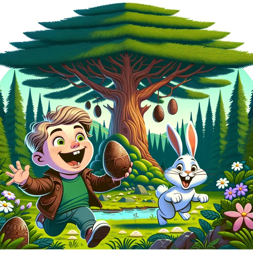 Une illustration destinée aux enfants représentant un petit garçon tout excité à l'idée de chercher des œufs en chocolat dans un jardin luxuriant, accompagné d'un lapin farceur, au pied d'un grand sapin majestueux.