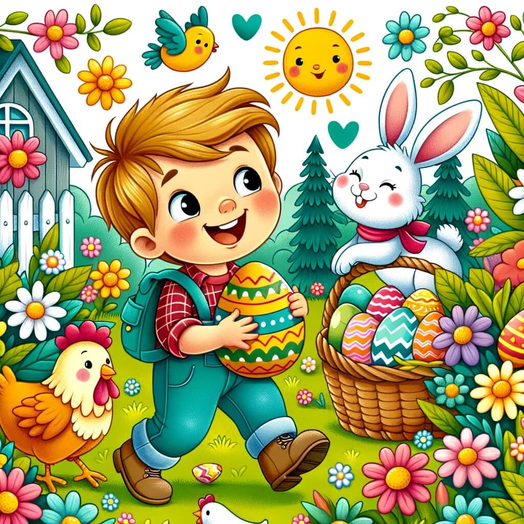 Une illustration destinée aux enfants représentant un petit garçon plein d'enthousiasme, à la recherche d'œufs de Pâques dans un jardin fleuri, accompagné du lapin de Pâques et entouré de poules colorées, dans une atmosphère joyeuse et printanière.