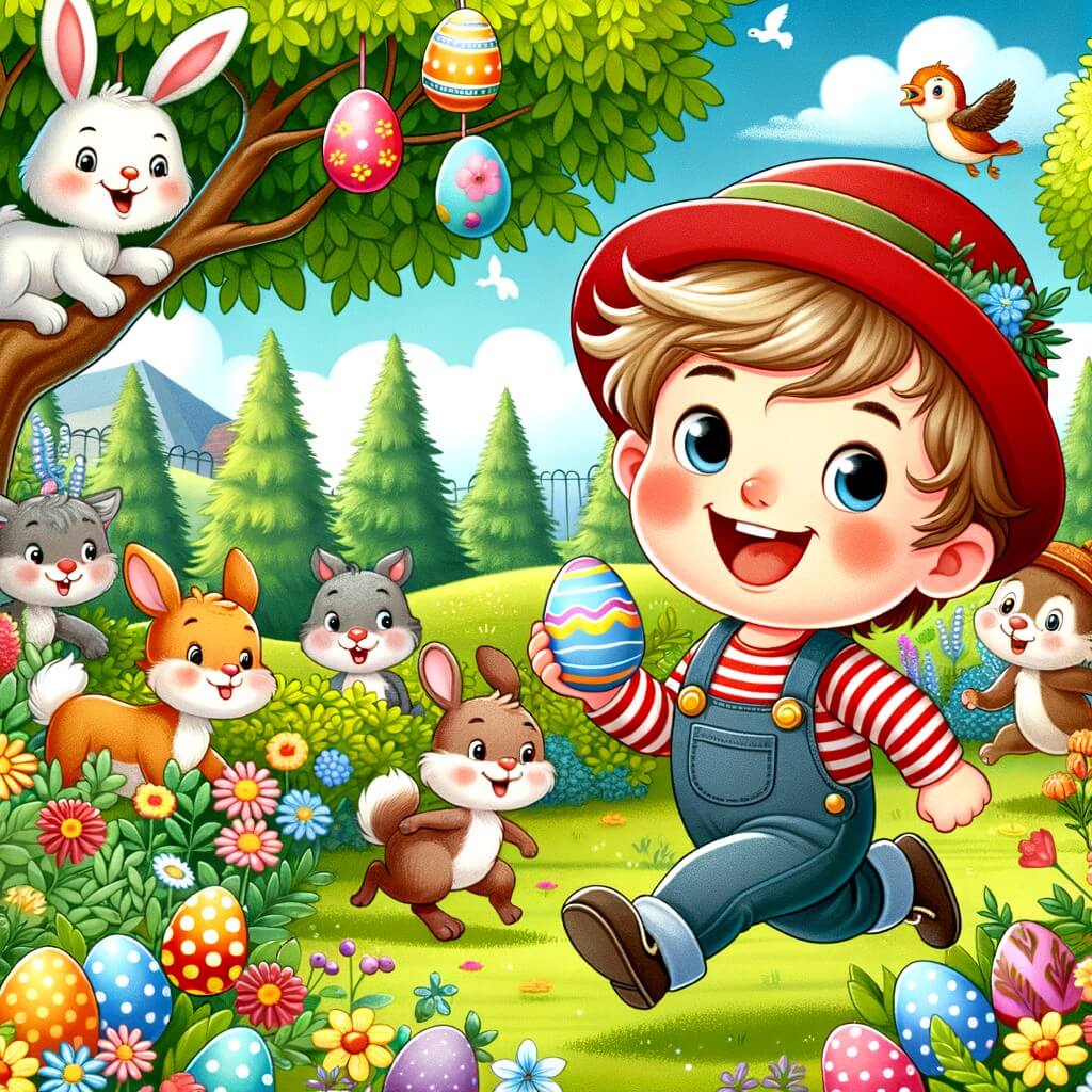 Une illustration destinée aux enfants représentant un petit garçon joyeux se lançant dans une chasse aux œufs de Pâques, accompagné d'animaux malicieux, dans un jardin printanier rempli de fleurs colorées et d'arbres majestueux.