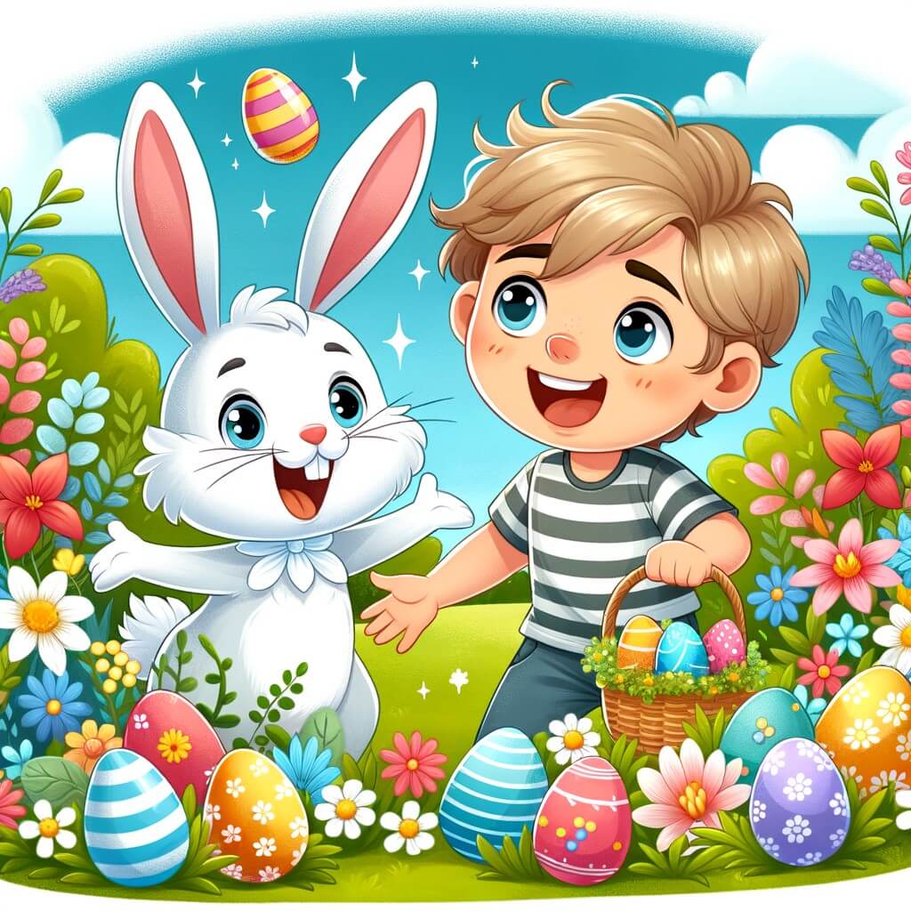 Une illustration destinée aux enfants représentant un petit garçon plein d'excitation, accompagné d'un lapin magique, dans un jardin printanier rempli de fleurs colorées, préparant la chasse aux œufs de Pâques.