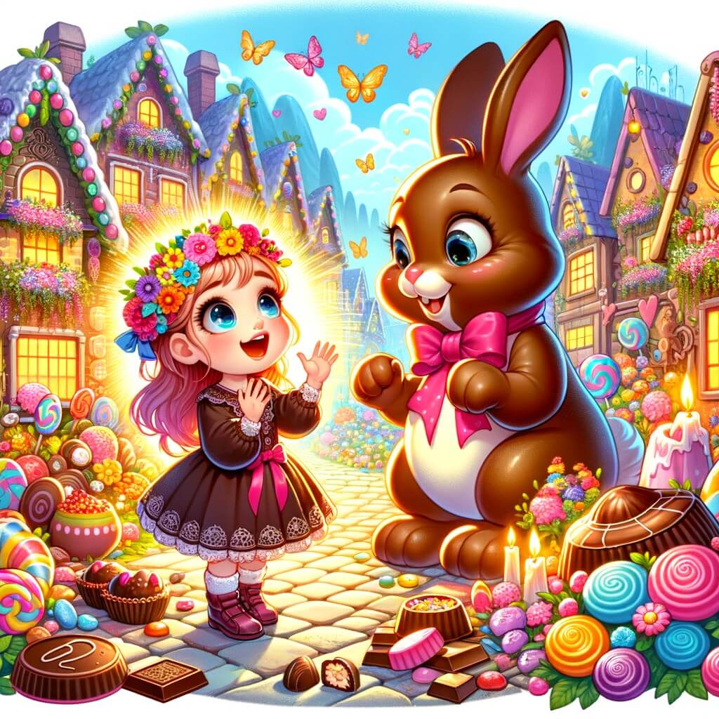 Une illustration destinée aux enfants représentant une petite fille émerveillée, entourée de chocolat et de fleurs colorées, accompagnée d'un lapin en chocolat géant, dans un village enchanteur aux maisons en bonbons et aux rues pavées de sucreries.