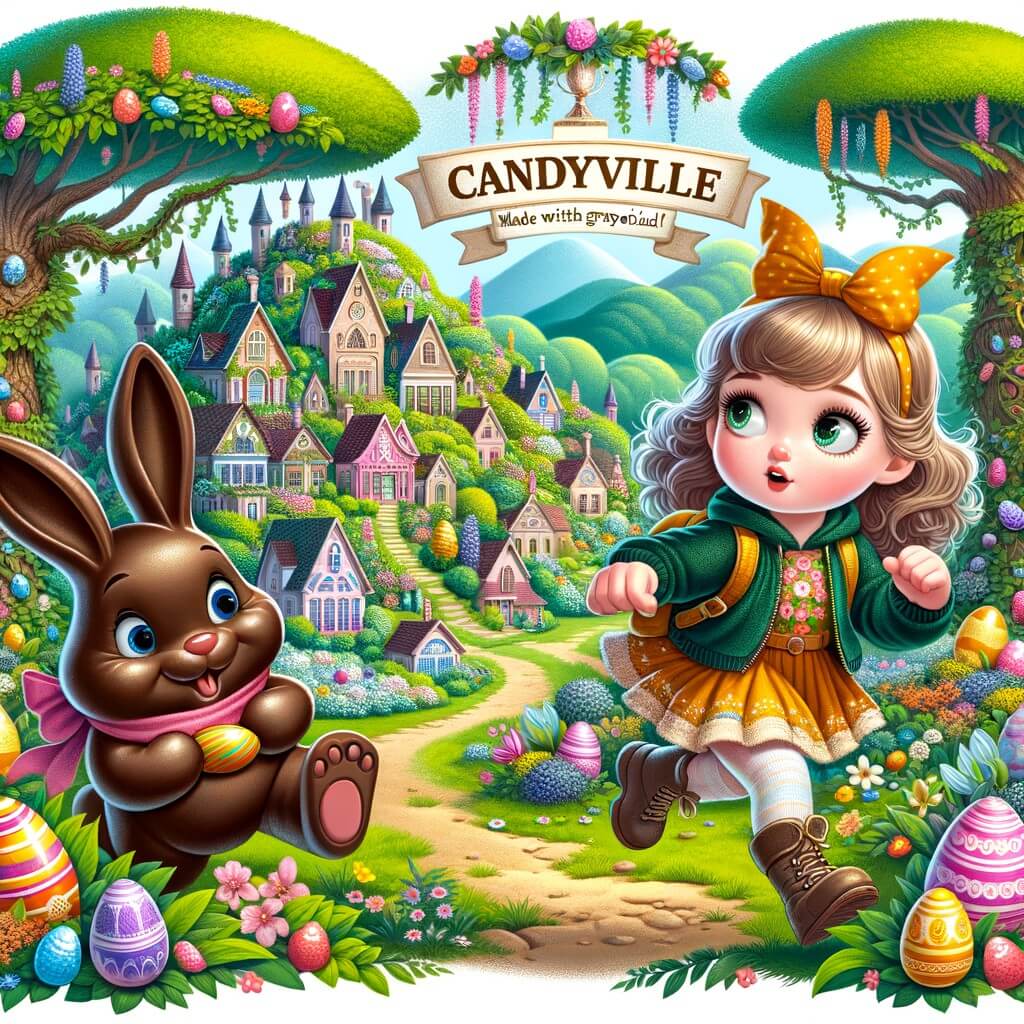 Une illustration pour enfants représentant une petite fille pleine de curiosité qui se retrouve plongée dans une quête chocolatée lors d'une chasse aux œufs de Pâques dans un village enchanté appelé Bonbonville.