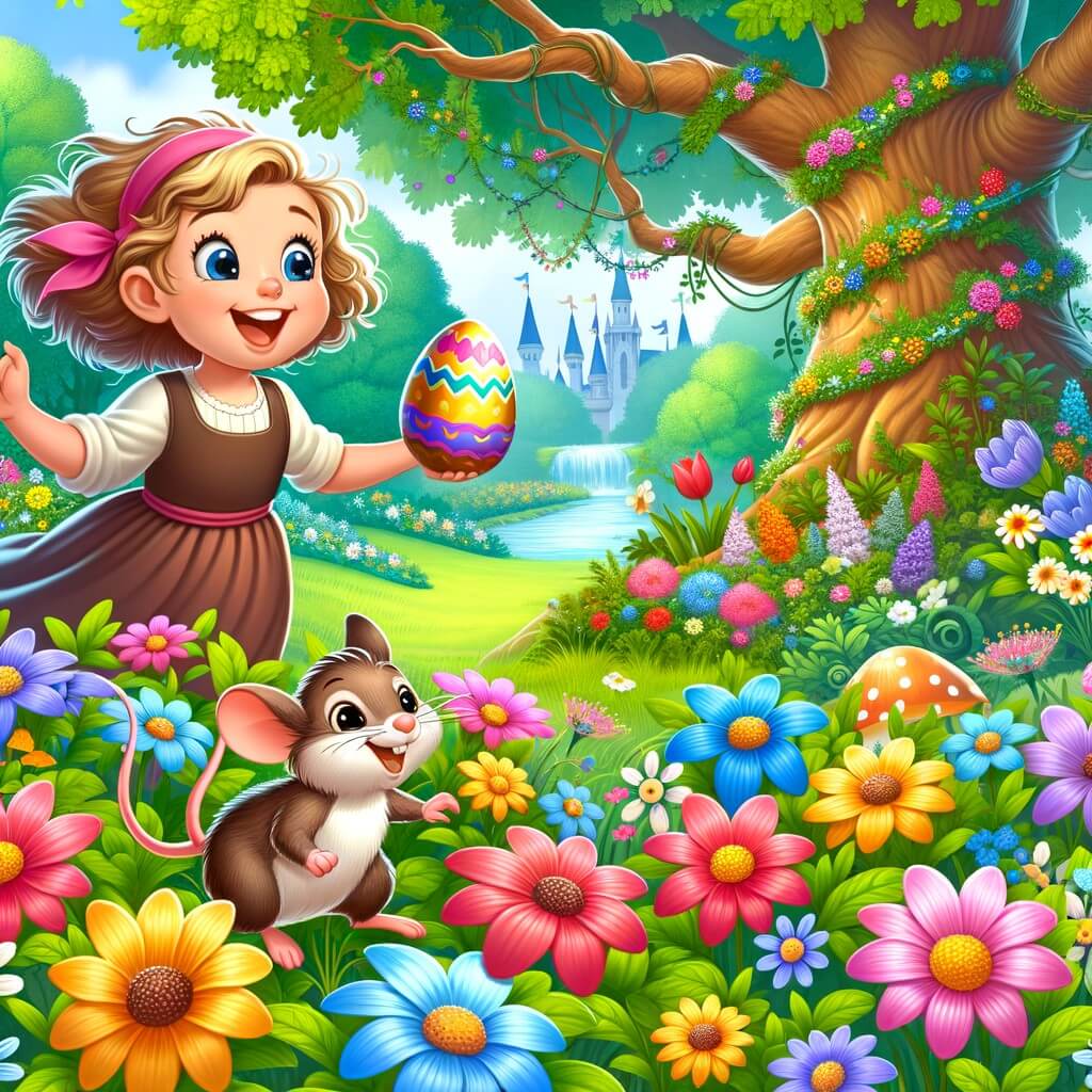 Une illustration destinée aux enfants représentant une petite fille pleine d'enthousiasme, à la recherche d'œufs en chocolat magiques, accompagnée d'une souris curieuse, dans un jardin luxuriant rempli de fleurs colorées et d'un majestueux chêne au fond.