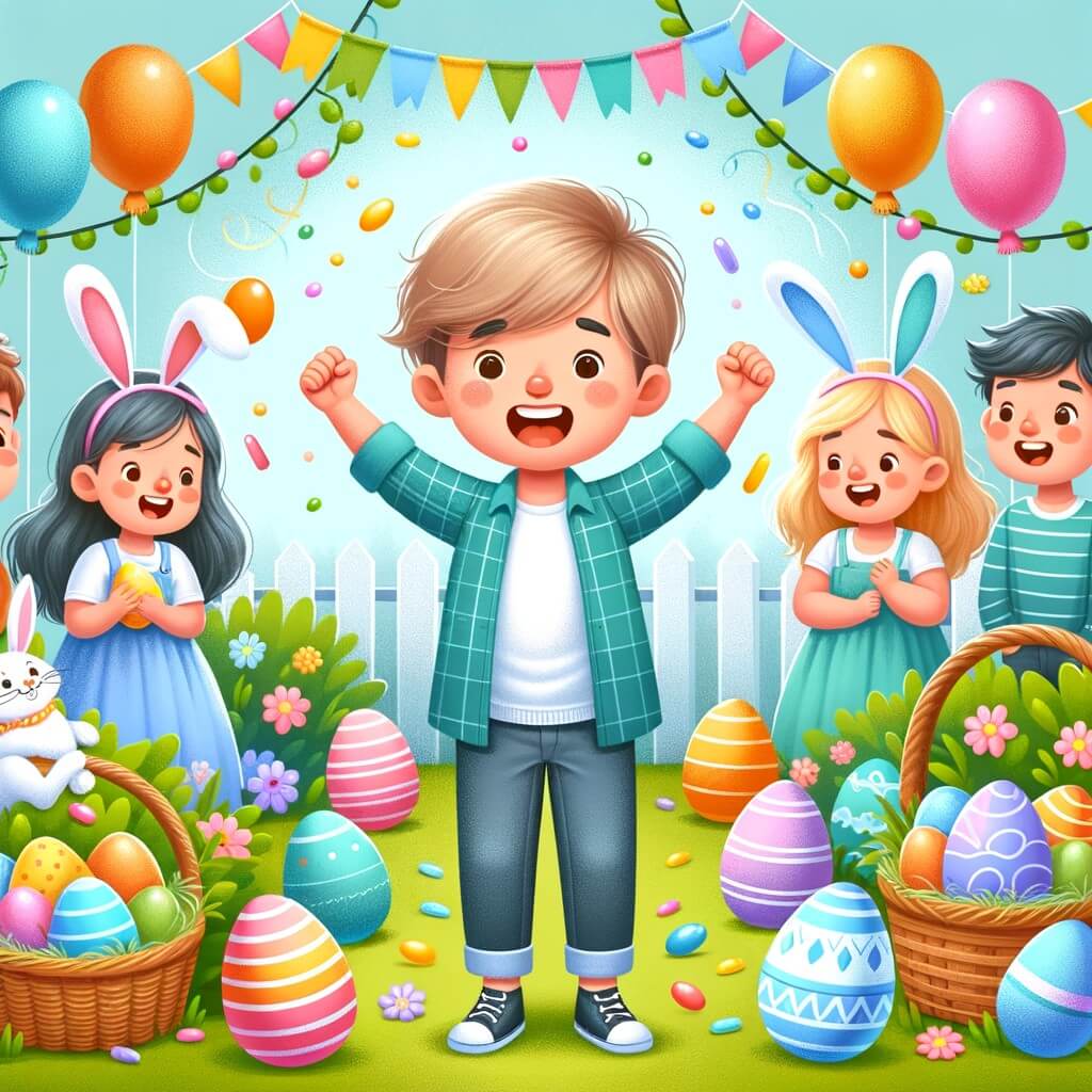 Une illustration destinée aux enfants représentant un petit garçon plein d'excitation à l'approche de Pâques, entouré de ses amis, dans un jardin coloré et décoré de guirlandes, de ballons et d'œufs de Pâques cachés.