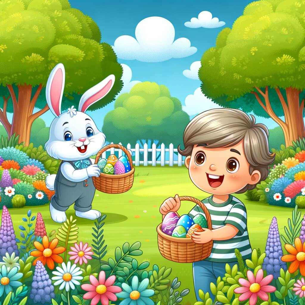Une illustration destinée aux enfants représentant un petit garçon plein d'excitation lors de la chasse aux œufs de Pâques dans un parc magnifique rempli de fleurs colorées et d'arbres verdoyants, accompagné d'un lapin géant qui distribue des paniers à tous les enfants.