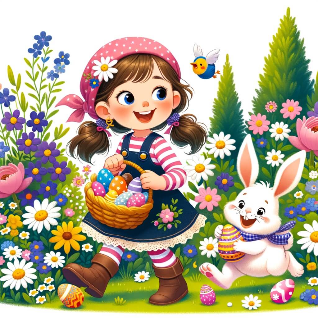 Une illustration destinée aux enfants représentant une petite fille pleine d'enthousiasme, en train de chercher des œufs en chocolat dans un magnifique jardin fleuri, accompagnée d'un adorable lapin de Pâques.