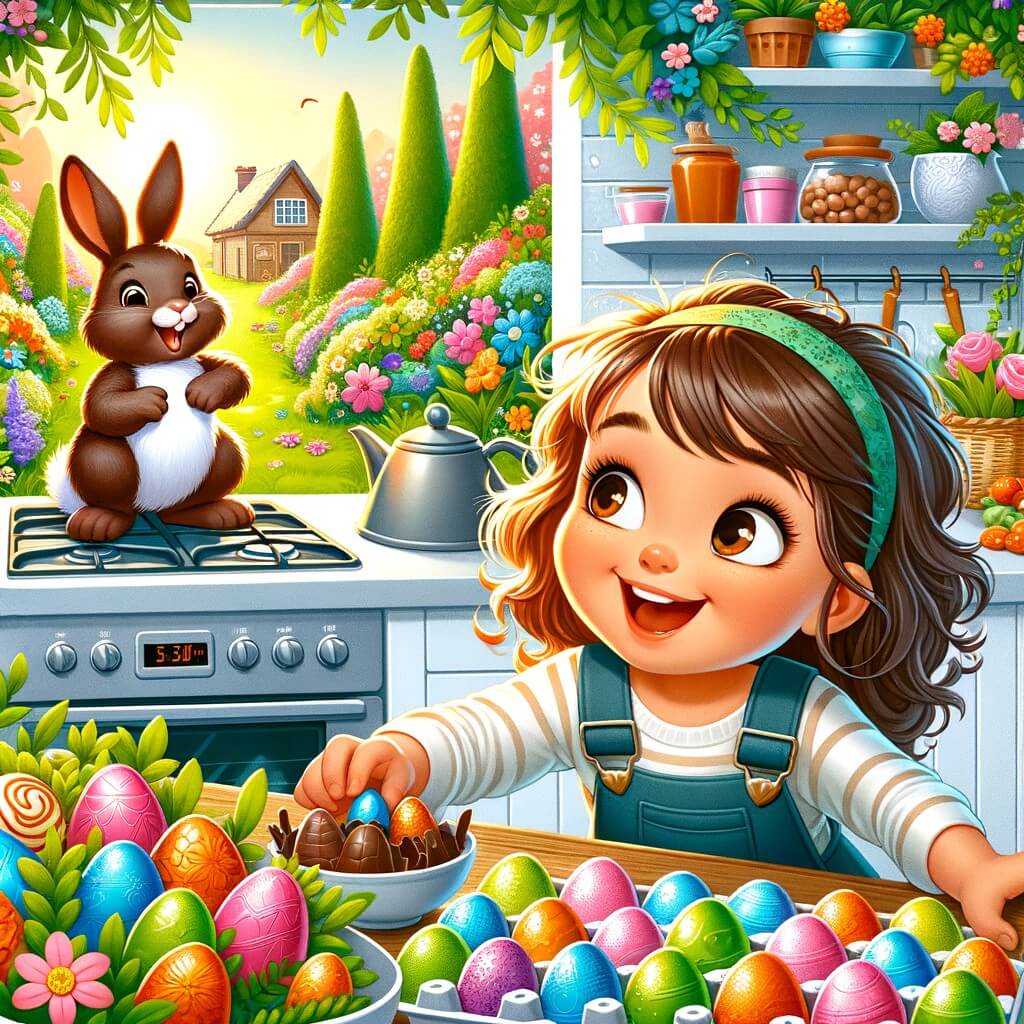 Une illustration pour enfants représentant une petite fille émerveillée qui découvre un lapin en chocolat dans le frigo, le jour de Pâques, dans son jardin.