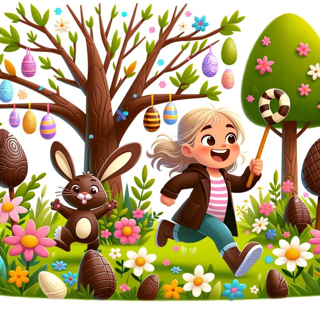 Une illustration pour enfants représentant une petite fille pleine d'excitation à l'approche de Pâques, découvrant un monde enchanté rempli de chocolat dans son propre jardin.