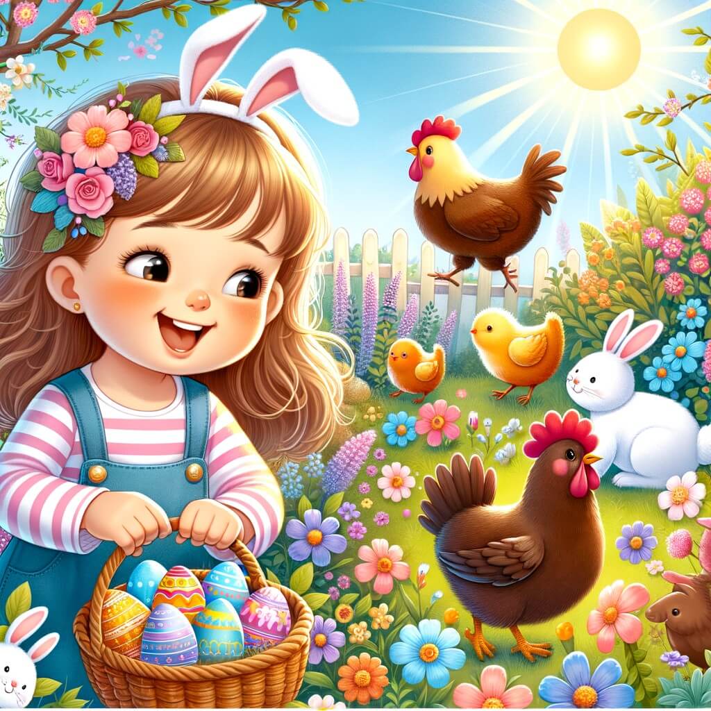 Une illustration destinée aux enfants représentant une petite fille joyeuse, entourée de lapins colorés et de poules en chocolat, dans un jardin fleuri et ensoleillé, préparant une chasse aux œufs pour célébrer Pâques.