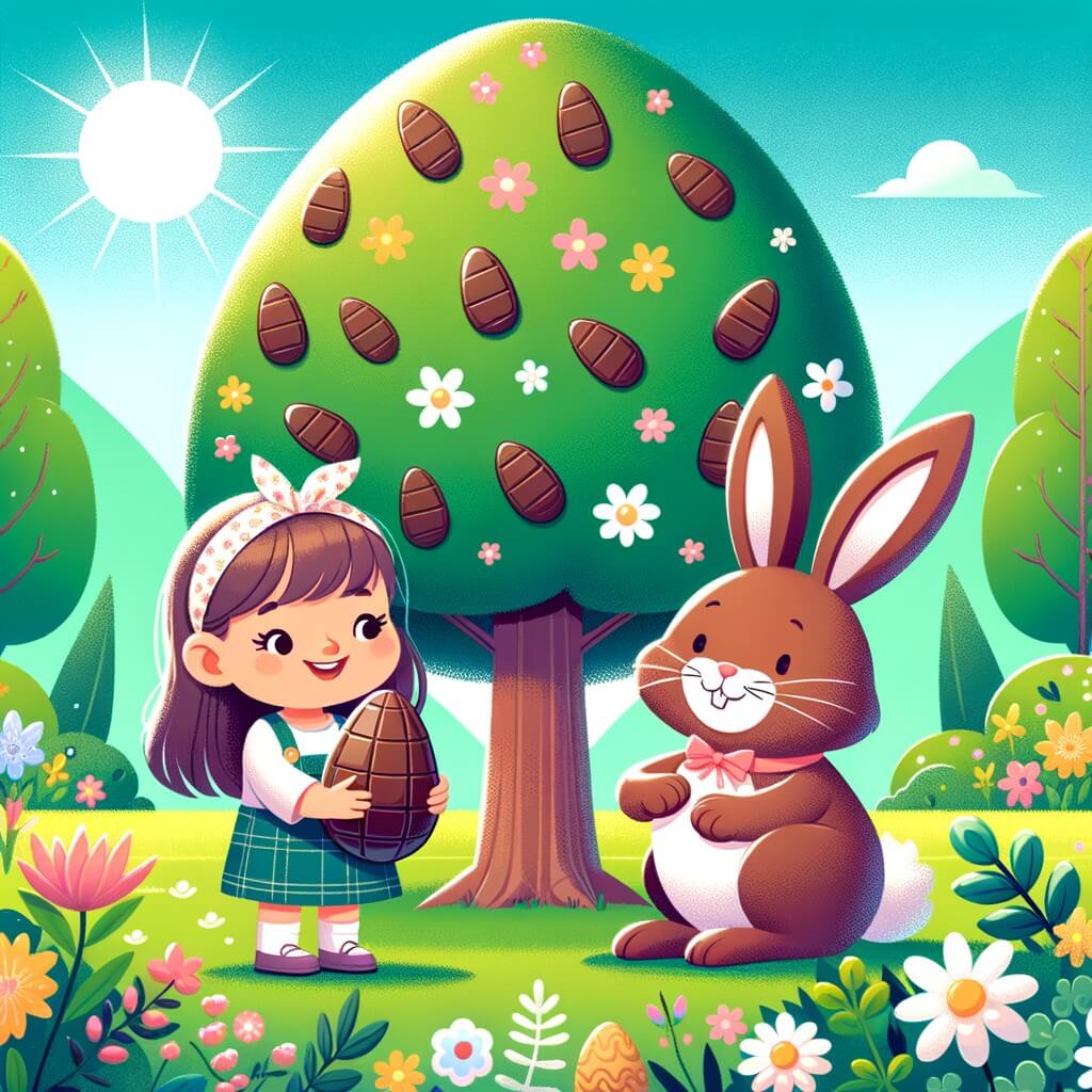 Une illustration destinée aux enfants représentant une petite fille joyeuse, accompagnée d'un adorable lapin en chocolat, découvrant un immense arbre en chocolat dans un jardin fleuri, lors d'une journée ensoleillée de Pâques.