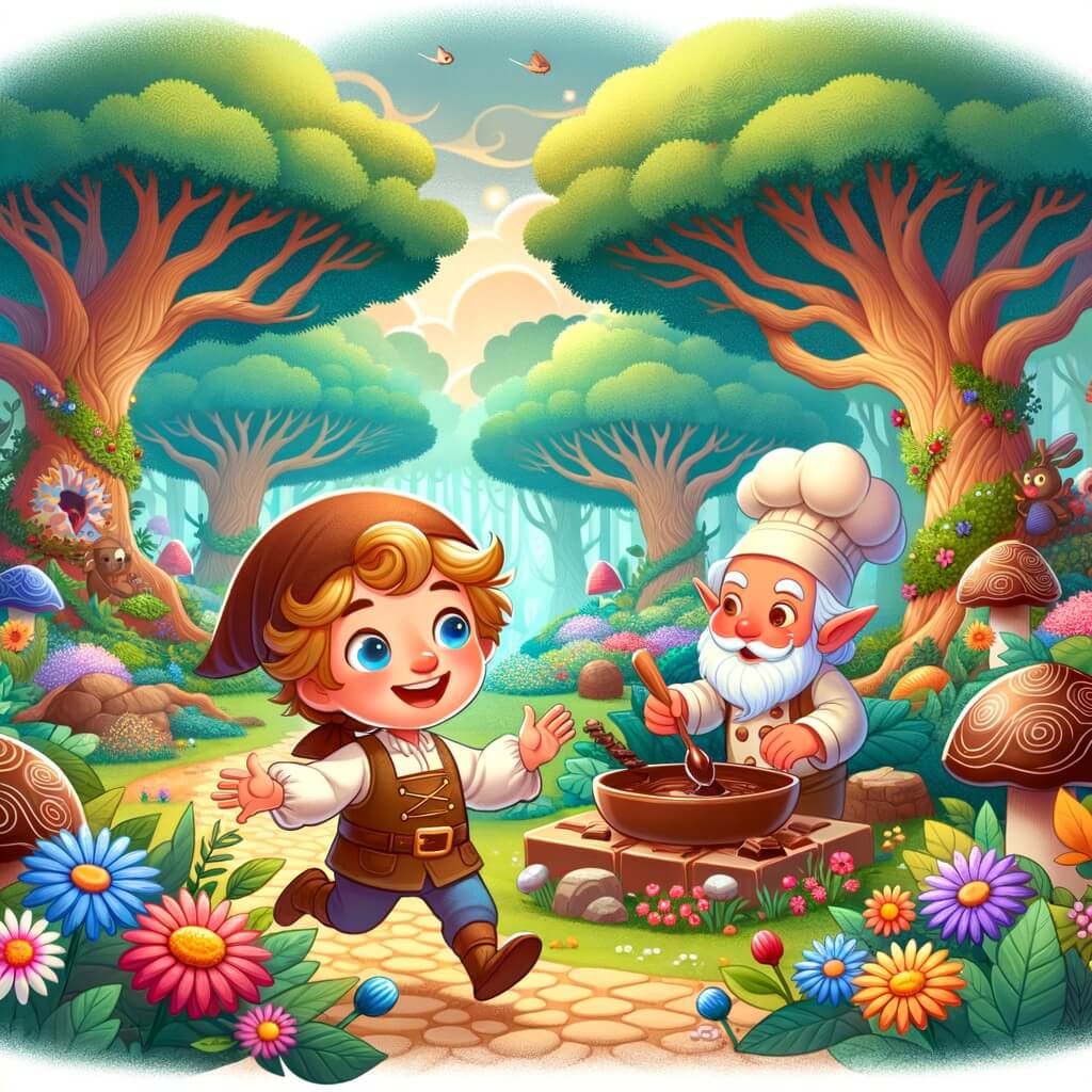 Une illustration pour enfants représentant un petit garçon curieux à la recherche du mystère de la fabrication des chocolats de Pâques, dans un village pittoresque entouré d'une forêt enchantée.