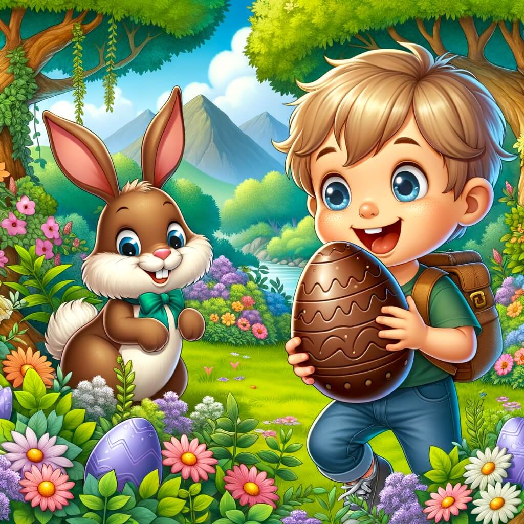 Une illustration destinée aux enfants représentant un petit garçon plein d'excitation à la recherche d'œufs en chocolat géants, accompagné d'un adorable lapin en chocolat vivant, dans un jardin luxuriant rempli de buissons fleuris et d'arbres majestueux.