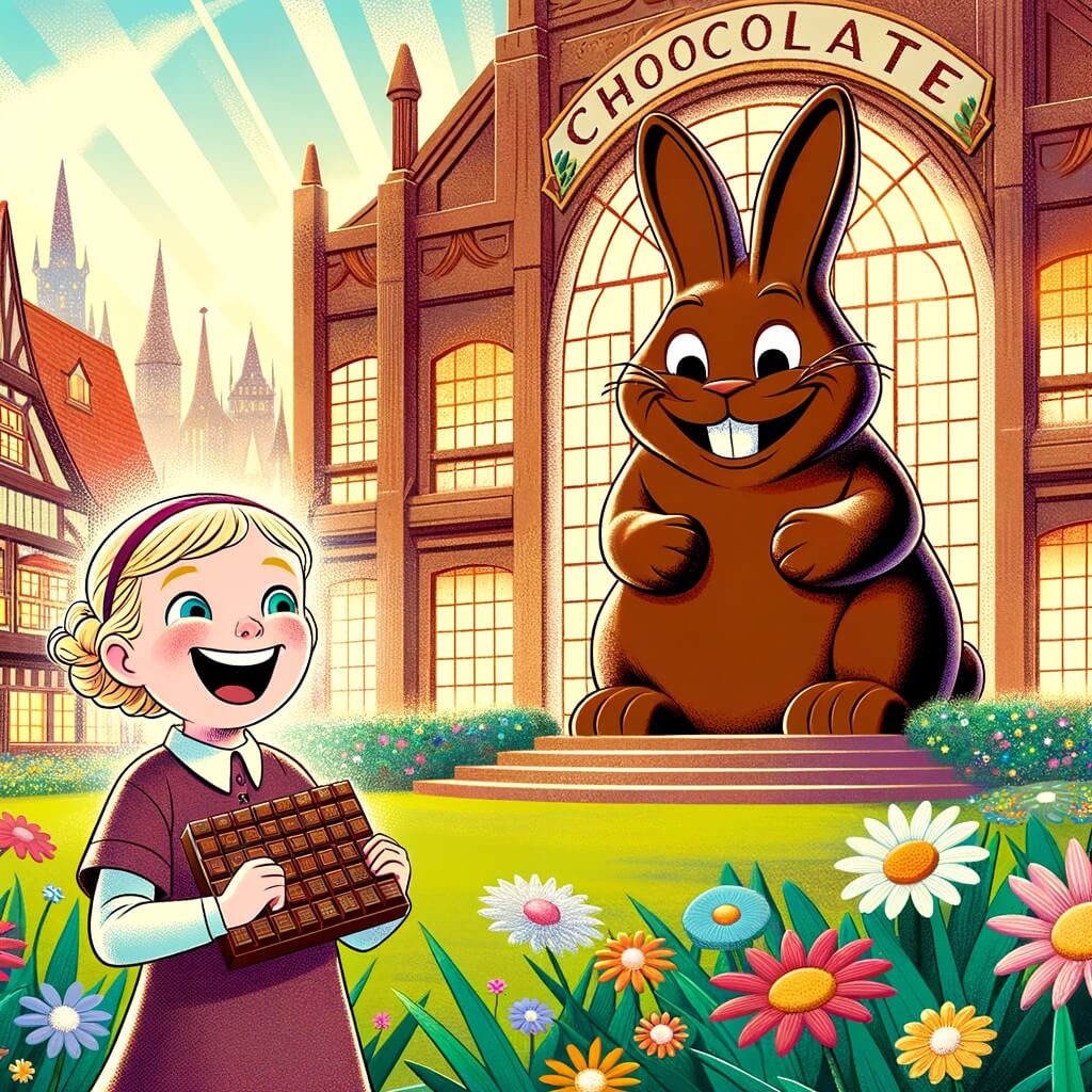 Une illustration pour enfants représentant une petite fille pleine d'énergie, plongée dans une aventure captivante à la recherche d'œufs en chocolat volés, dans une chocolaterie magique à l'occasion de Pâques.