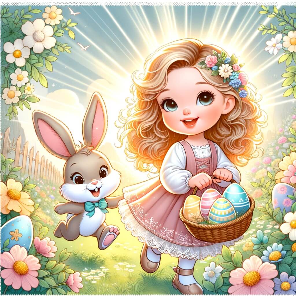 Une illustration destinée aux enfants représentant une petite fille rayonnante, partant à la recherche d'œufs en chocolat avec un lapin de Pâques malicieux, dans un jardin fleuri baigné de douces lumières printanières.