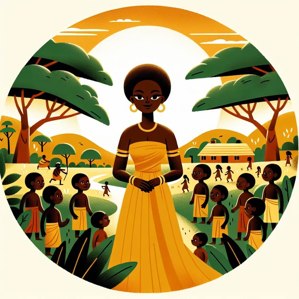 Une illustration destinée aux enfants représentant une femme au teint doré, entourée d'une savane luxuriante et de villageois reconnaissants, dans un petit village au cœur de l'Afrique, où la sagesse et la justice prennent vie.