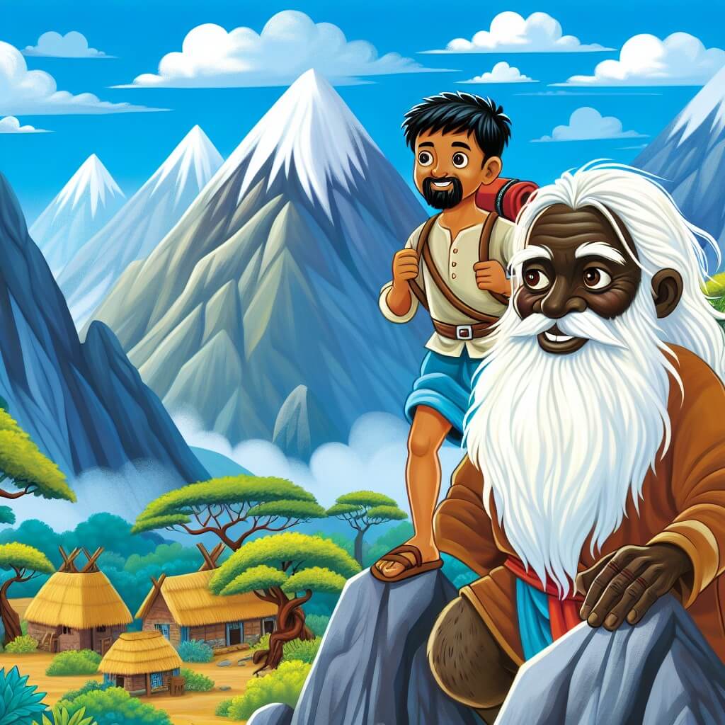 Une illustration destinée aux enfants représentant un homme courageux et curieux, se tenant au sommet de montagnes escarpées, accompagné d'un sage barbu aux yeux pétillants de sagesse, dans un village africain entouré de montagnes majestueuses et de forêts denses.