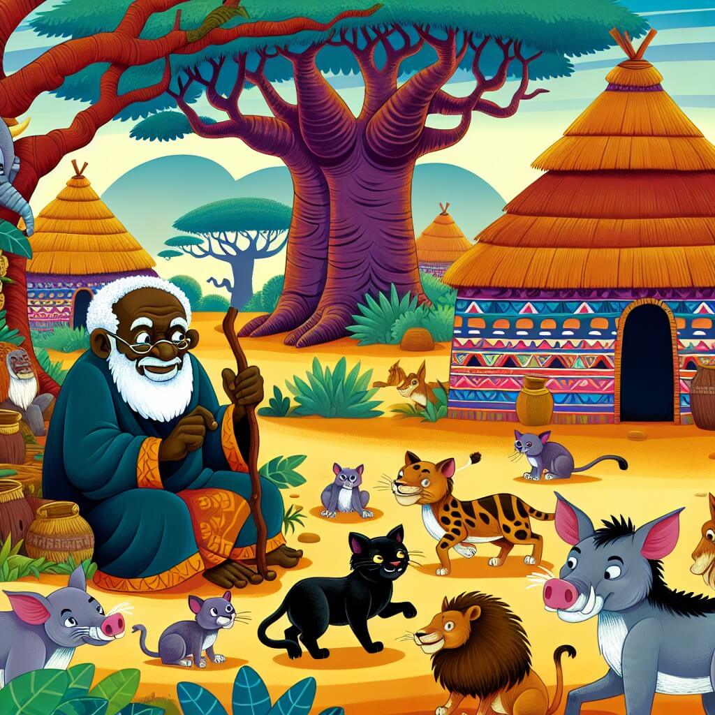 Une illustration destinée aux enfants représentant un homme sage et bienveillant, entouré d'animaux malicieux et sournois, dans un village africain vibrant de couleurs, avec des huttes traditionnelles, des baobabs majestueux et des animaux sauvages en arrière-plan.