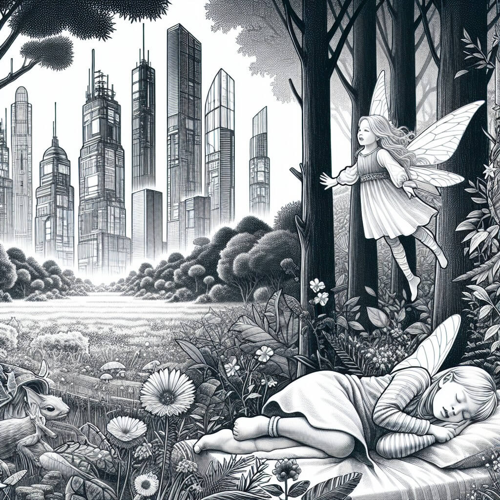 Une illustration destinée aux enfants représentant une jeune fille endormie dans une forêt enchantée, accompagnée d'une fée bienveillante, dans un royaume futuriste où la nature est remplacée par des tours en verre.