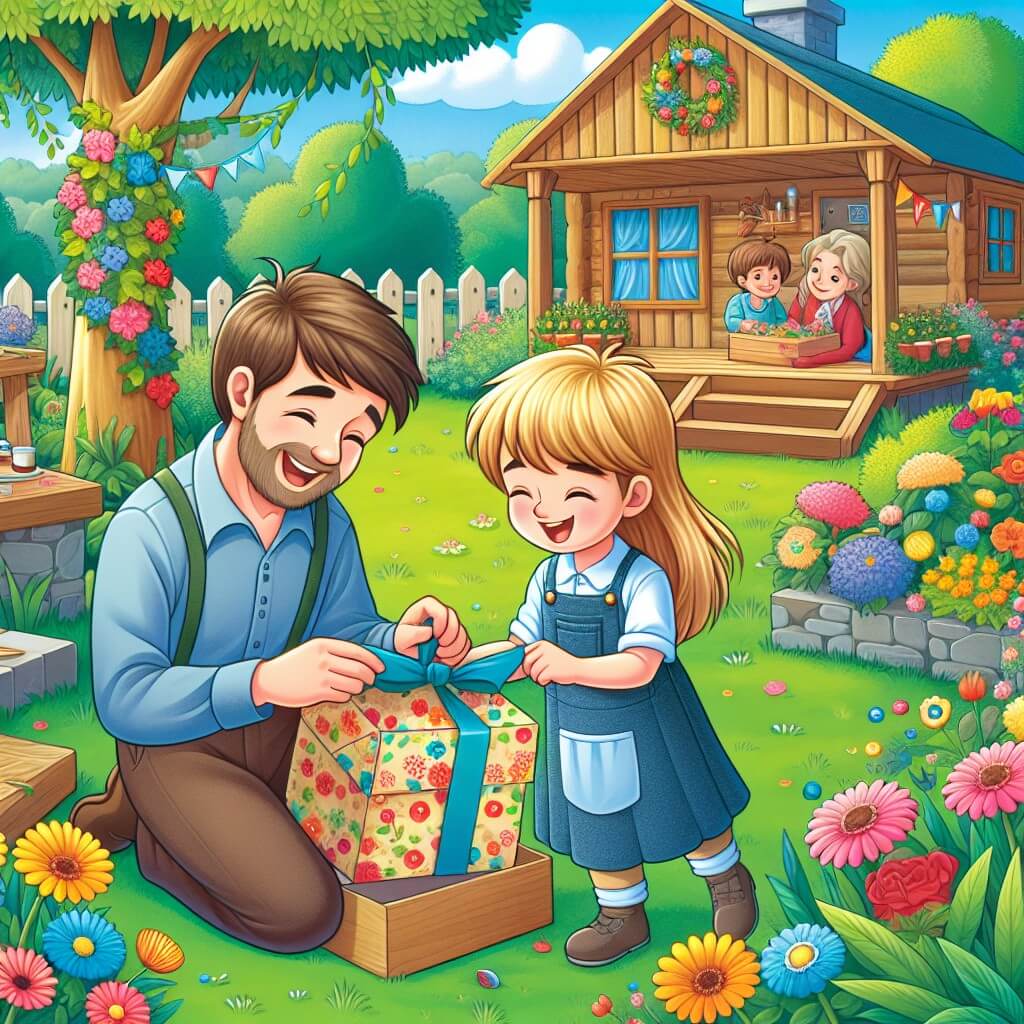 Une illustration destinée aux enfants représentant un petit garçon plein d'énergie, préparant une surprise incroyable pour son papa, avec l'aide de sa maman, dans un jardin rempli de fleurs colorées et d'herbe verte où se trouve une magnifique cabane en bois.