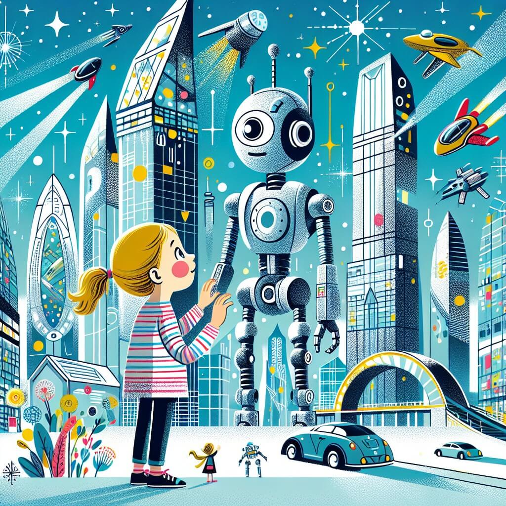 Une illustration destinée aux enfants représentant une jeune fille curieuse et imaginative, à la recherche d'un robot émotionnel dans une ville futuriste éblouissante, où les immeubles en verre et en acier s'élèvent jusqu'au ciel, des voitures volantes filent dans les airs et des robots aux formes étonnantes vaquent à leurs occupations.