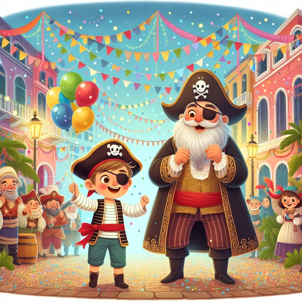 Une illustration destinée aux enfants représentant un petit garçon plein d'enthousiasme, vêtu d'un costume de pirate, découvrant les mystères du carnaval avec l'aide d'un mystérieux vieil homme, dans une ville colorée et animée, décorée de guirlandes, de ballons et de confettis.