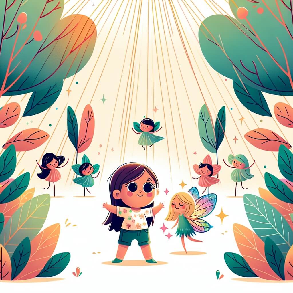 Une illustration destinée aux enfants représentant une petite fille aux grands yeux pétillants, se retrouvant dans une forêt magique avec une fée de la confiance en soi, entourée d'arbres dansant et de rayons de soleil filtrant à travers les feuilles colorées.