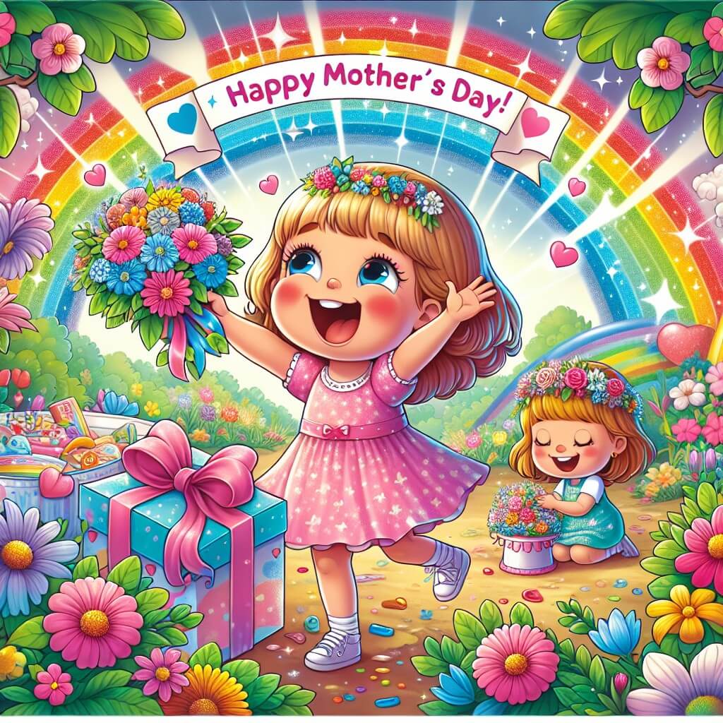 Une illustration destinée aux enfants représentant une petite fille pleine d'enthousiasme et de joie, préparant une fête des mères surprise avec l'aide de ses amis, dans un magnifique jardin rempli de fleurs colorées et d'arc-en-ciels étincelants.
