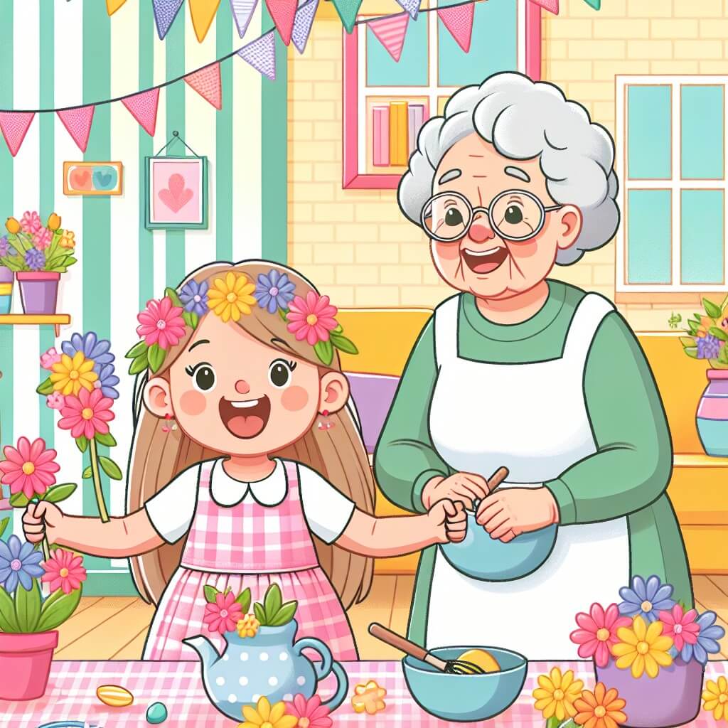 Une illustration destinée aux enfants représentant une petite fille pleine d'enthousiasme, préparant une fête surprise pour sa maman, avec l'aide de sa grand-mère, dans une maison aux murs colorés, entourée de fleurs et de guirlandes joyeusement suspendues.