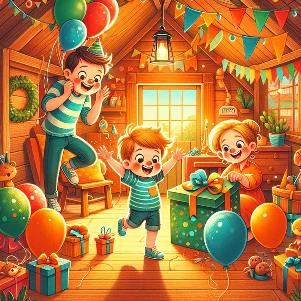 Une illustration destinée aux enfants représentant un petit garçon plein d'enthousiasme, préparant une fête surprise pour son papa avec l'aide de sa maman, dans une maison colorée et chaleureuse, décorée de ballons et de guirlandes.