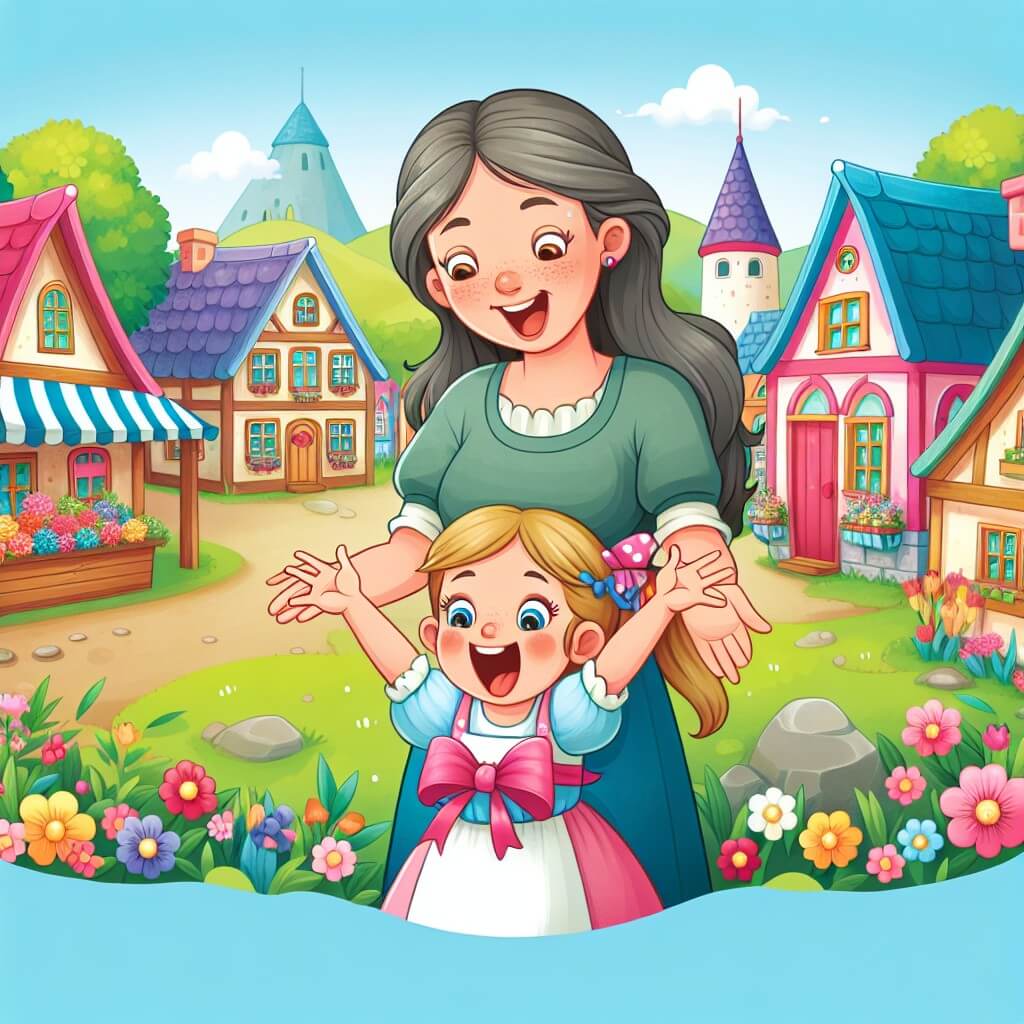 Une illustration destinée aux enfants représentant une petite fille pleine d'enthousiasme préparant une surprise pour son papa lors de la fête des pères, accompagnée de sa maman complice, dans un village enchanteur rempli de maisons colorées et de jardins fleuris.
