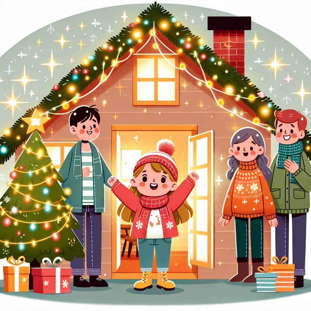 Une illustration destinée aux enfants représentant une petite fille joyeuse et curieuse, entourée de ses parents et de ses amis, célébrant le réveillon du nouvel an dans une maisonnette chaleureusement décorée, avec un sapin étincelant, des guirlandes scintillantes et des lumières colorées.