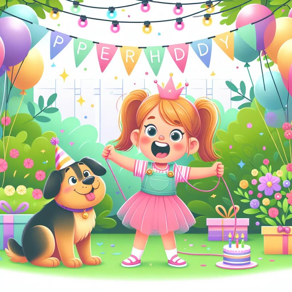 Une illustration destinée aux enfants représentant une petite fille pleine d'énergie, préparant une fête surprise pour son papa, avec l'aide de son chien Max, dans un jardin coloré rempli de ballons et de guirlandes scintillantes.