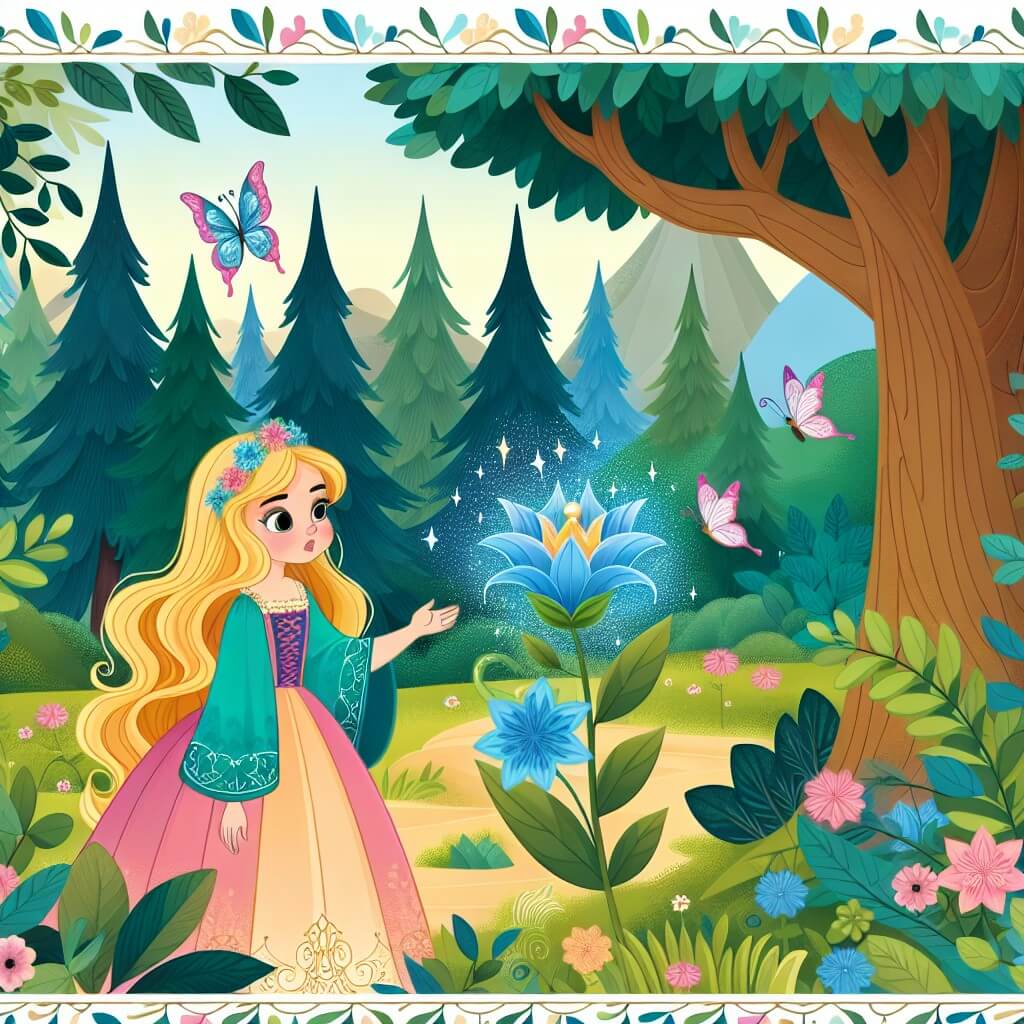 Une illustration destinée aux enfants représentant une jeune femme aux cheveux dorés, vêtue d'une robe colorée, qui rencontre une fleur bleue étincelante dans une clairière enchantée, entourée d'arbres majestueux et de papillons virevoltants.