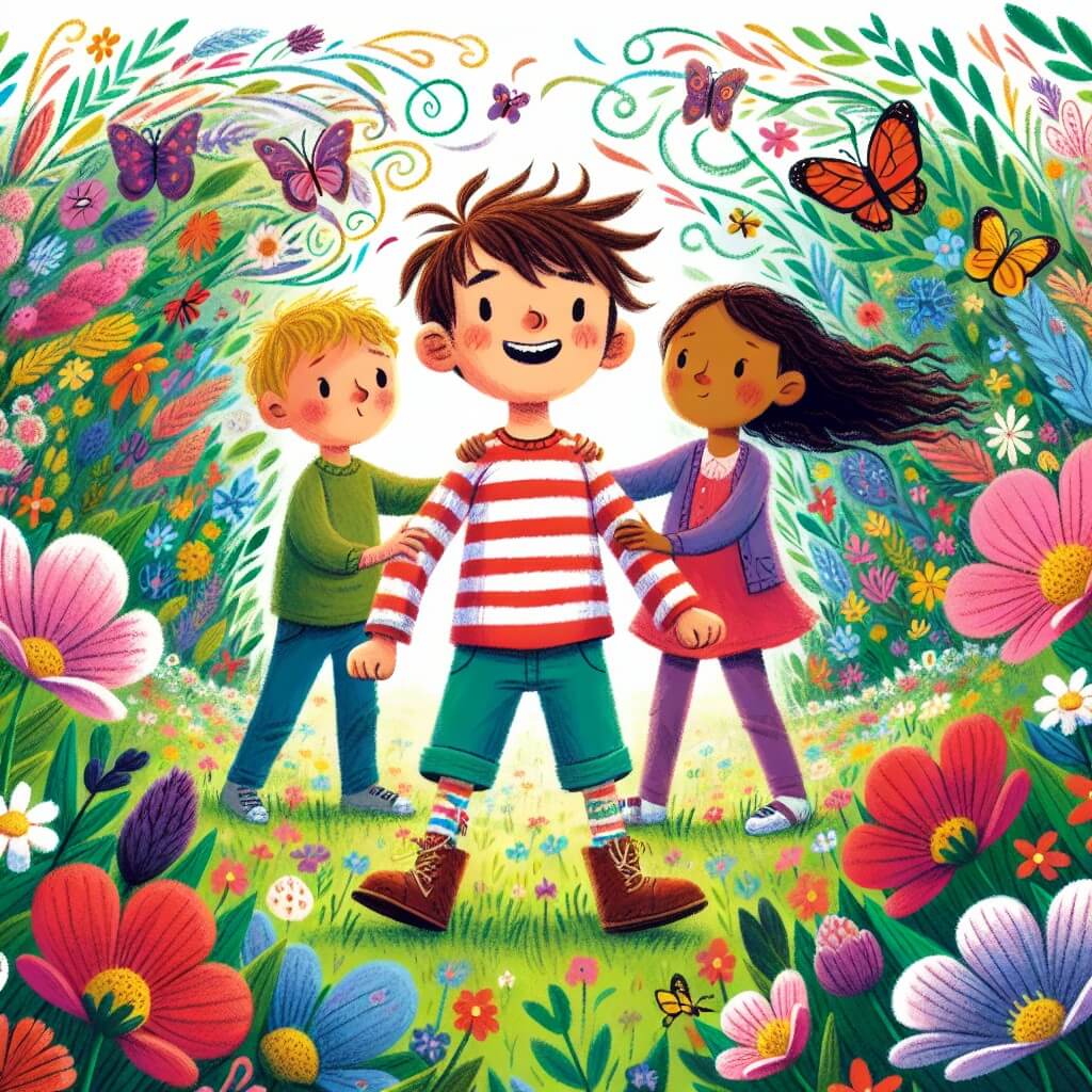 Une illustration destinée aux enfants représentant un petit garçon plein de vie, faisant face à une maladie, accompagné de ses amis, dans un jardin enchanté rempli de fleurs colorées et de papillons virevoltants.