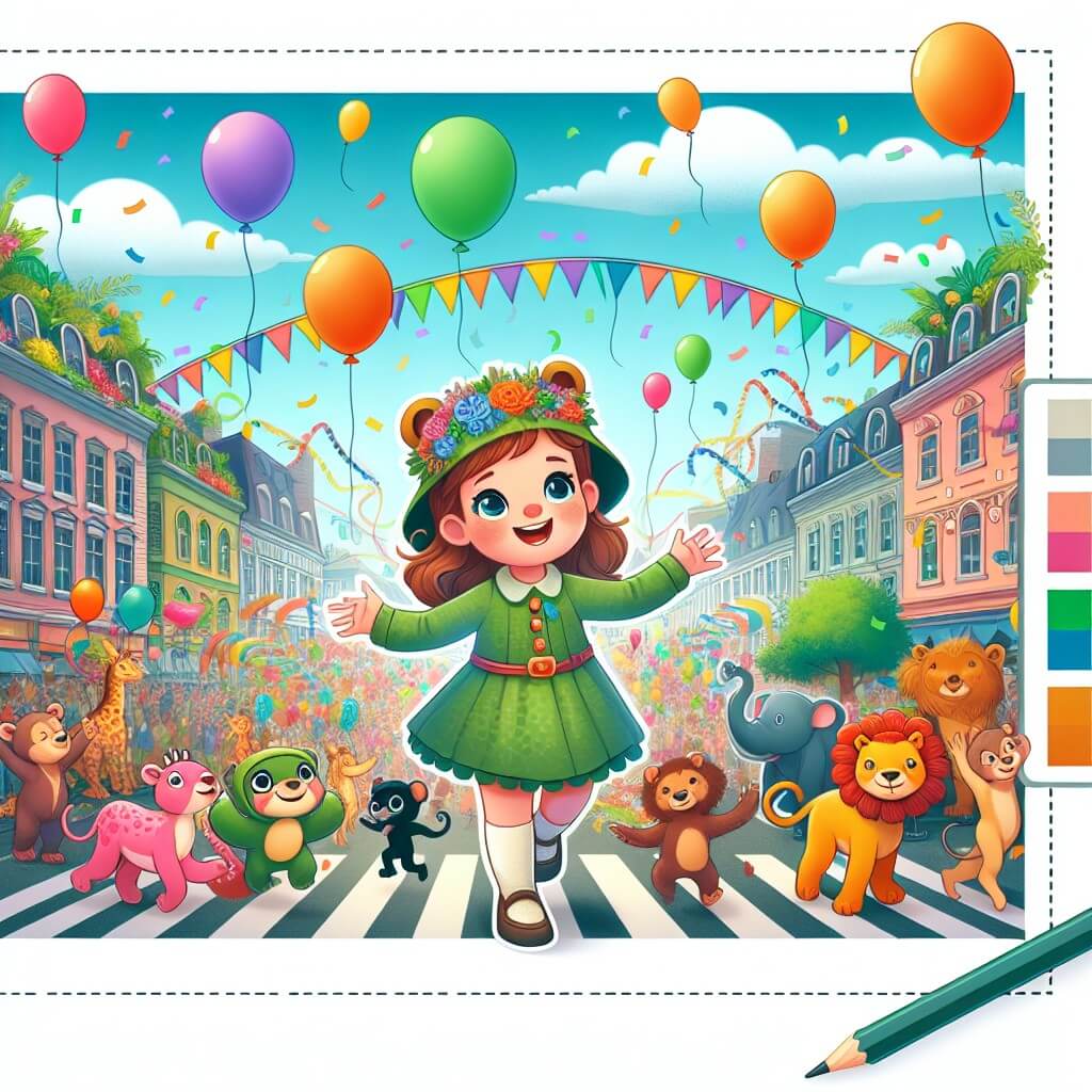 Une illustration destinée aux enfants représentant une petite fille pleine de vie et d'imagination, vivant une journée magique au carnaval, accompagnée de nouveaux amis déguisés en animaux de la jungle, dans un centre-ville coloré et animé de ballons flottants dans le ciel, des guirlandes colorées et une atmosphère festive.