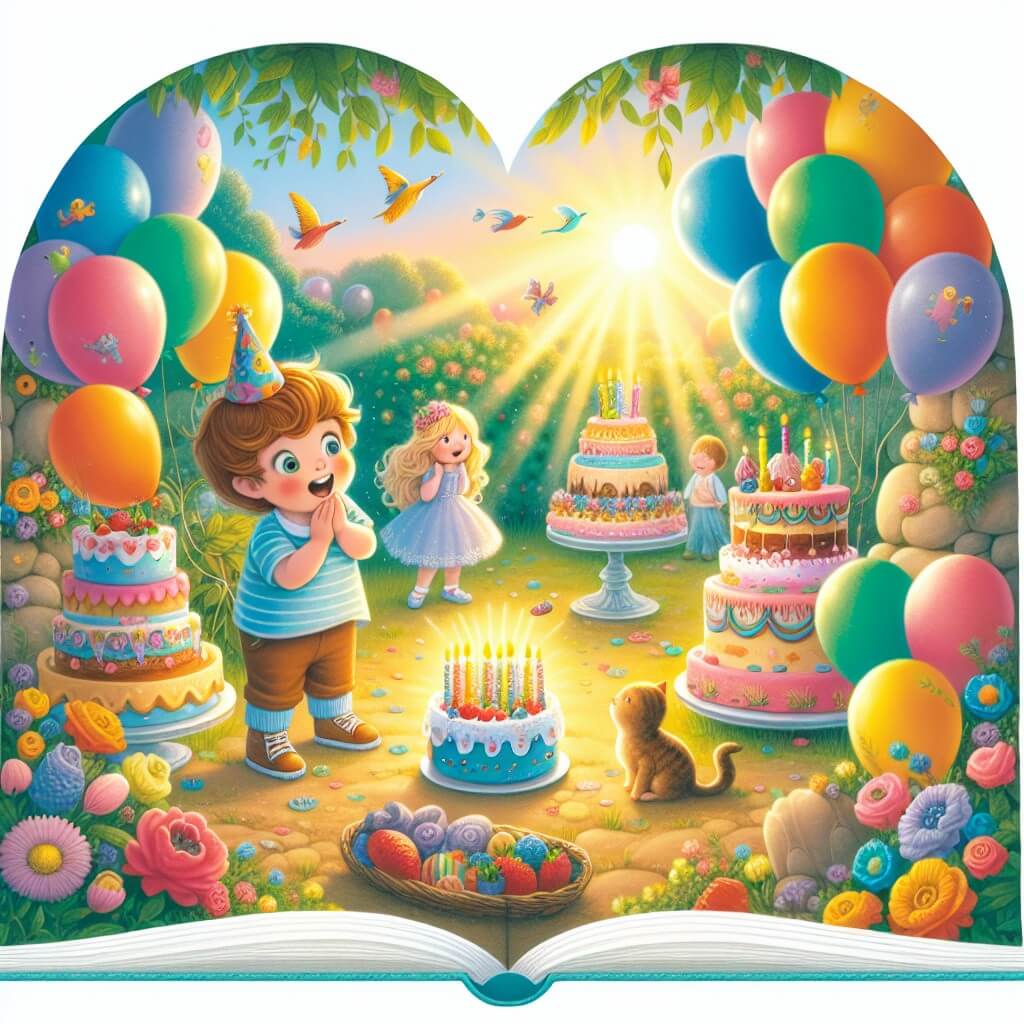 Une illustration destinée aux enfants représentant un petit garçon émerveillé lors d'une fête d'anniversaire, entouré de ballons colorés, de gâteaux délicieux et de ses amis, dans un jardin enchanté parsemé de fleurs multicolores et baigné de la lumière douce du soleil couchant.