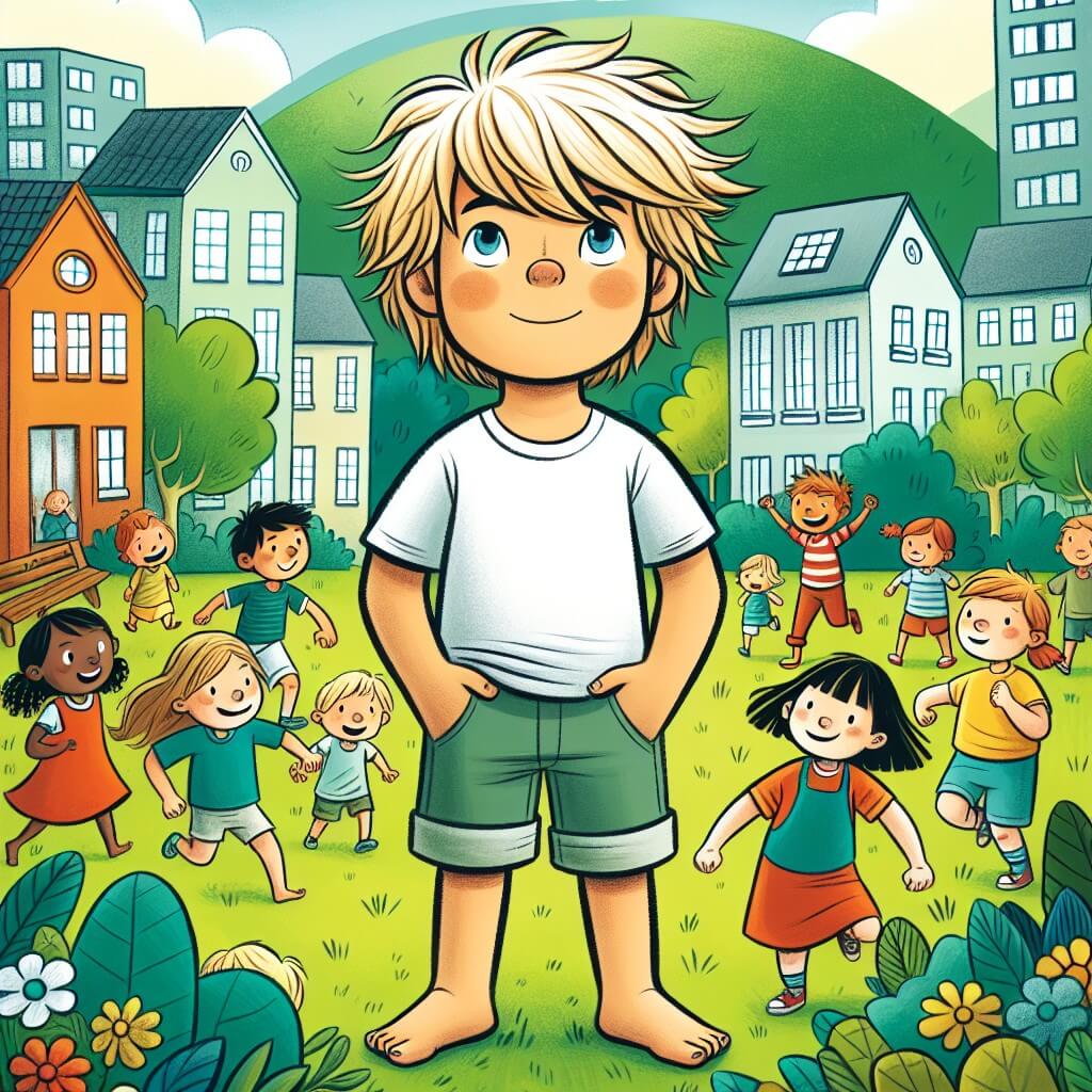 Une illustration destinée aux enfants représentant un petit garçon aux cheveux blonds ébouriffés, se tenant courageusement devant un groupe d'enfants qui jouent ensemble, avec un voisinage verdoyant et un parc animé en toile de fond.