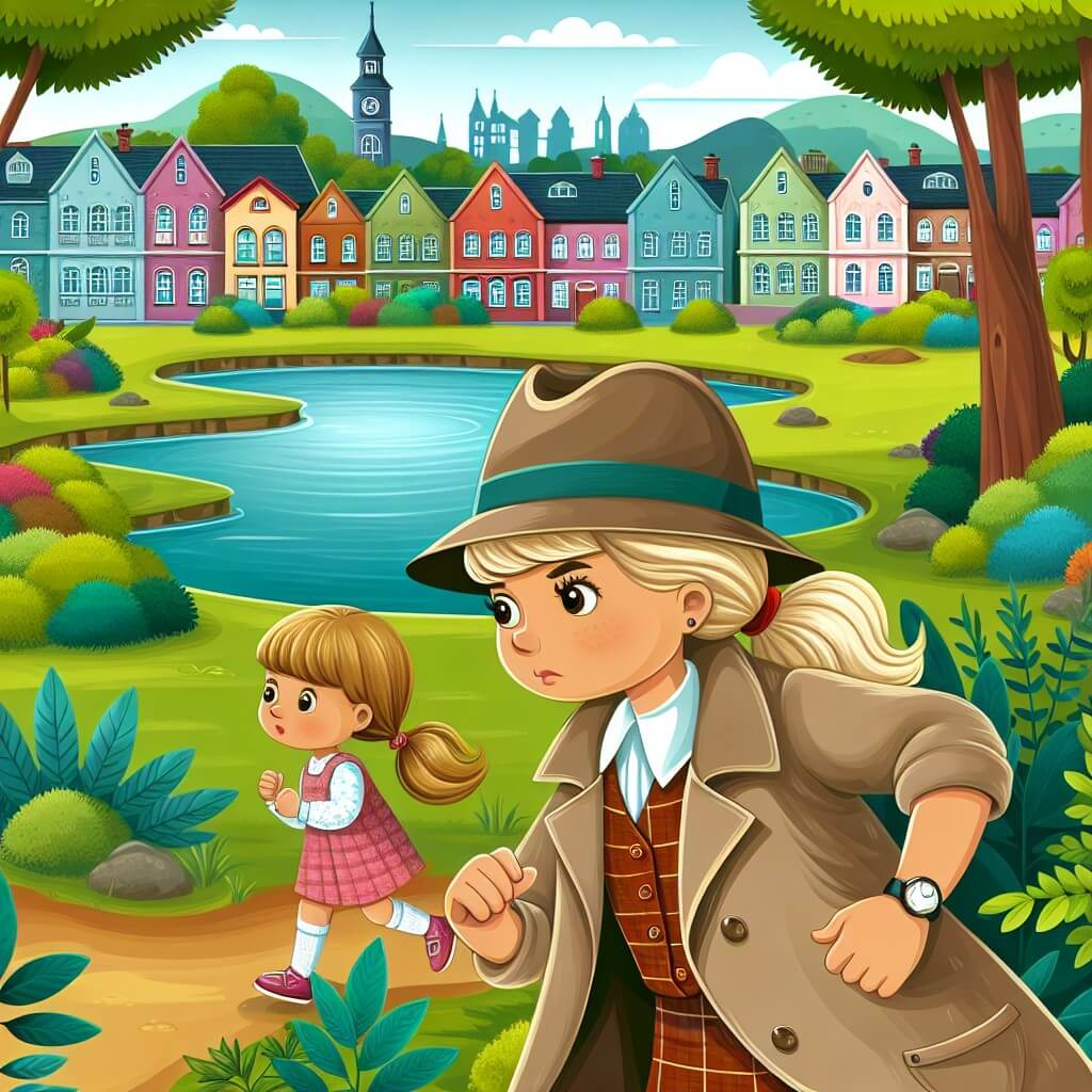Une illustration destinée aux enfants représentant une femme détective courageuse et astucieuse, enquêtant sur la mystérieuse disparition d'une petite fille dans une ville pittoresque entourée de parcs verdoyants, de maisons colorées et d'un étang scintillant.