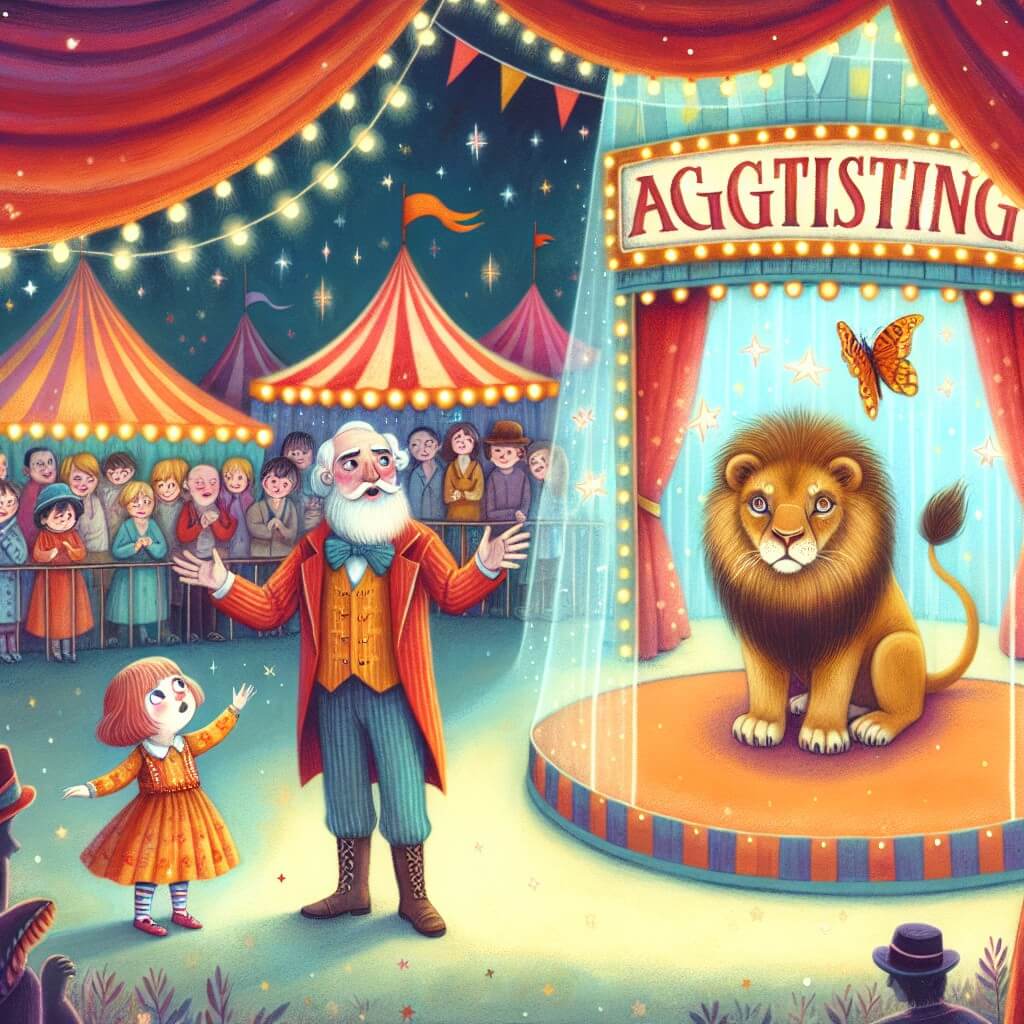 Une illustration destinée aux enfants représentant une petite fille émerveillée au cirque, accompagnée d'un dompteur de lions, dans un lieu magique rempli de tentes multicolores et d'affiches annonçant des spectacles incroyables.