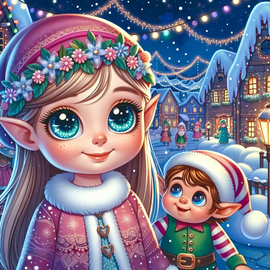 Une illustration destinée aux enfants représentant une petite fille aux yeux pétillants, plongée dans une atmosphère féerique, accompagnée d'un lutin malicieux, dans un village enneigé aux maisons décorées de guirlandes scintillantes et aux rues illuminées par des lanternes colorées.