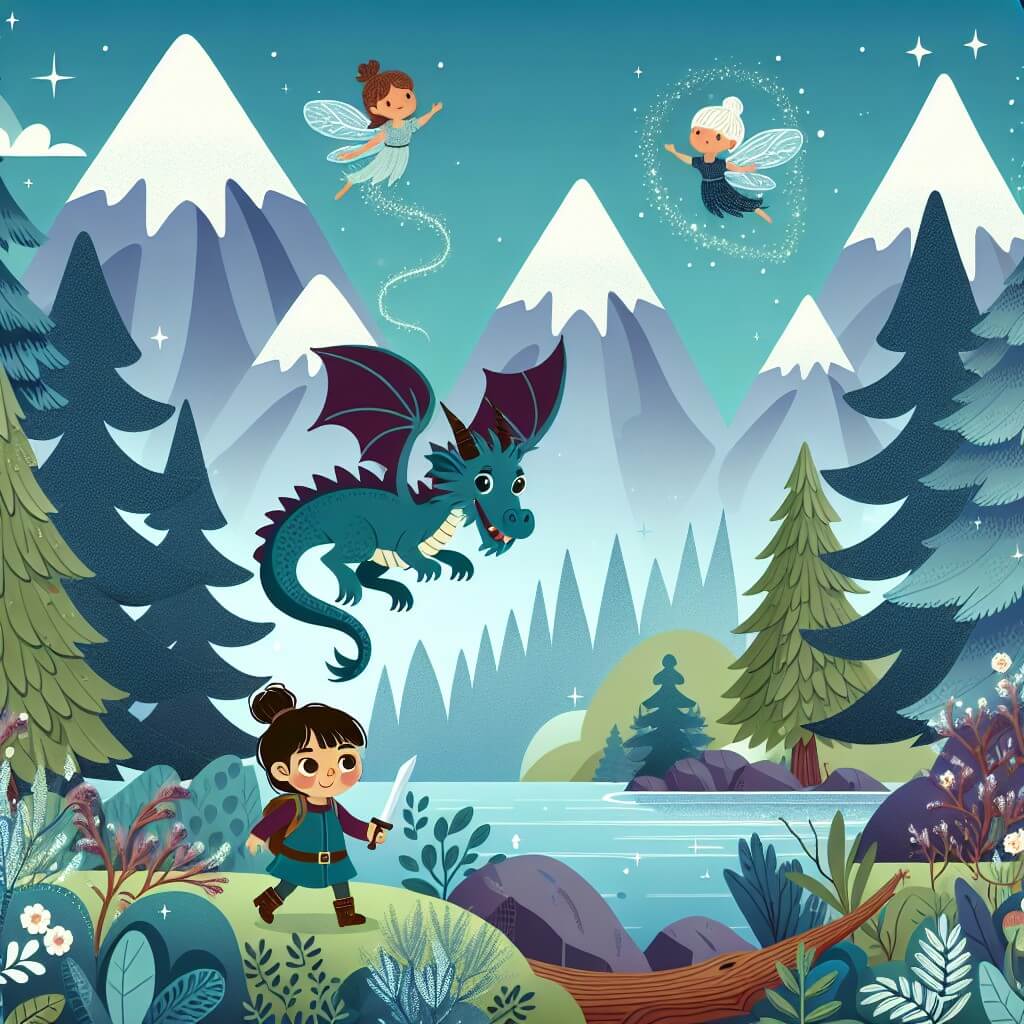 Une illustration destinée aux enfants représentant une petite fille aventurière, accompagnée d'un dragon farceur, explorant un royaume magique avec des arbres majestueux et des fées virevoltantes, le tout entouré de montagnes imposantes et d'une rivière scintillante.