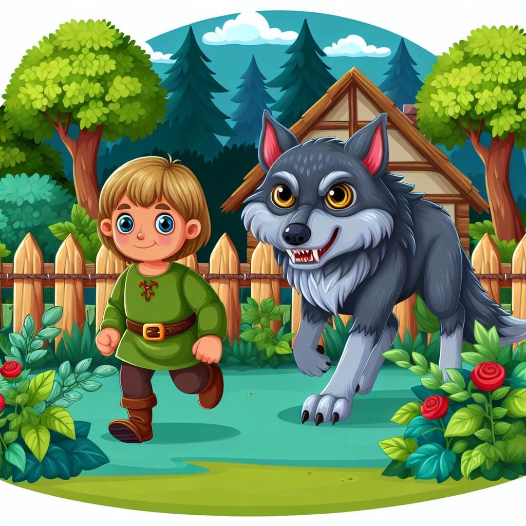Une illustration destinée aux enfants représentant une petite fille courageuse bravant la forêt sombre, accompagnée d'un grand méchant loup aux yeux perçants, dans un village entouré de verdure et protégé par une clôture épaisse.