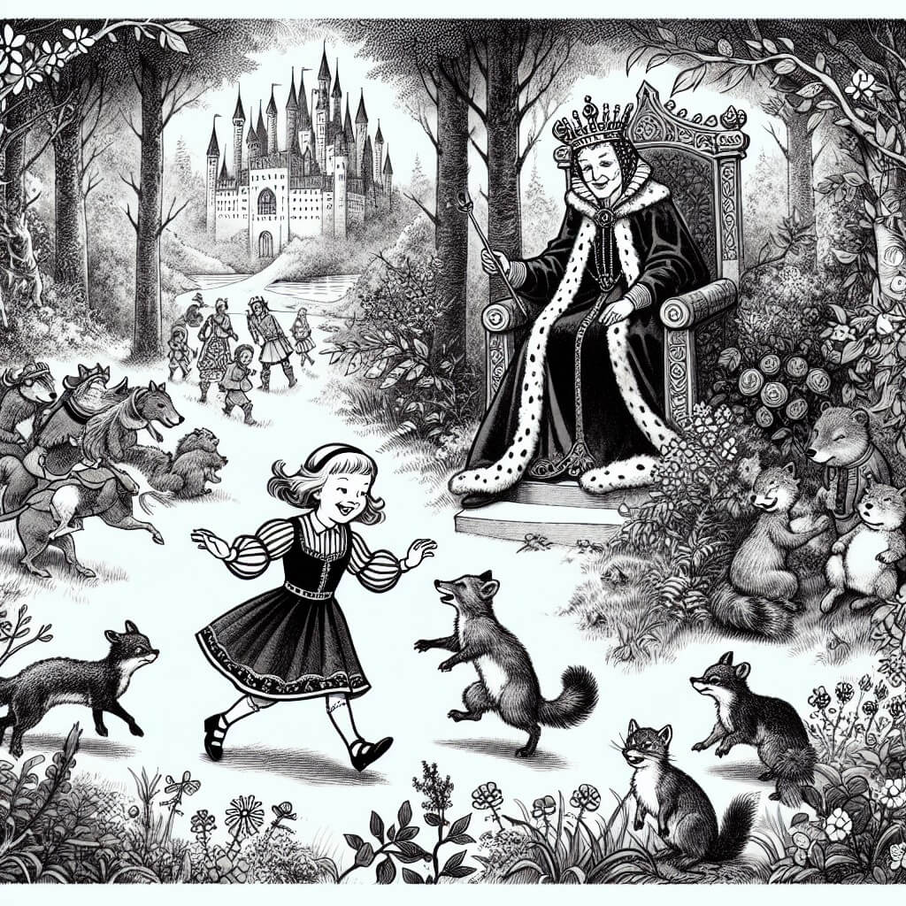 Une illustration destinée aux enfants représentant une jeune fille joyeuse, entourée d'animaux de la forêt, qui part à l'aventure dans une forêt enchantée, tandis qu'une reine autoritaire et vaniteuse tente de la ramener au château.
