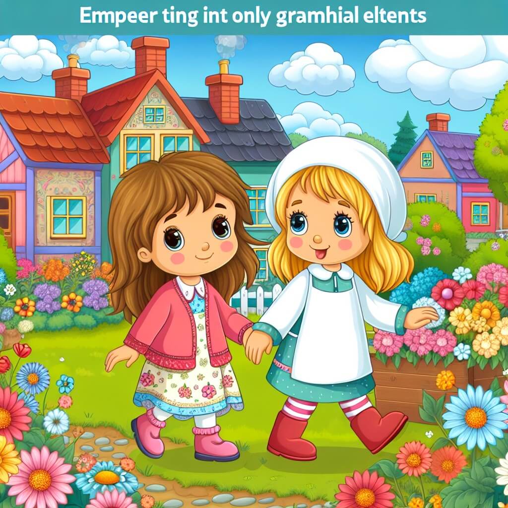 Une illustration destinée aux enfants représentant une petite fille pleine de vie, confrontée à une maladie, accompagnée de son meilleur ami, dans une petite ville paisible entourée d'un jardin coloré avec des fleurs épanouies.