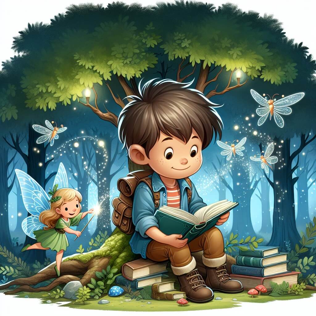 Une illustration destinée aux enfants représentant un jeune garçon intrépide, plongé dans un grimoire magique, accompagné d'une fée étincelante, au cœur d'une forêt enchantée aux arbres majestueux et aux lucioles virevoltantes.