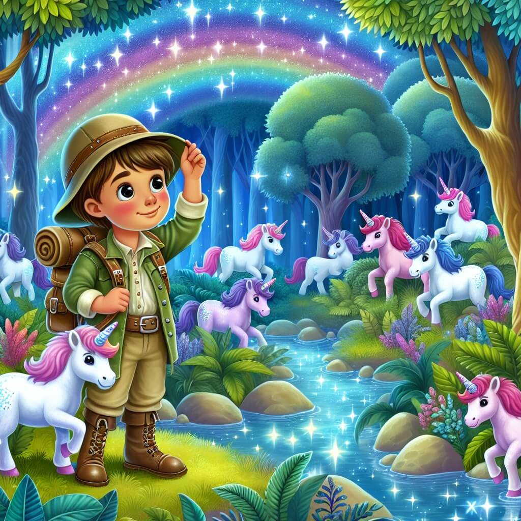 Une illustration destinée aux enfants représentant un jeune explorateur, vêtu d'une tenue d'aventurier, découvrant un monde enchanté rempli de licornes colorées, au cœur d'une forêt luxuriante aux arbres chatoyants et aux ruisseaux scintillants.