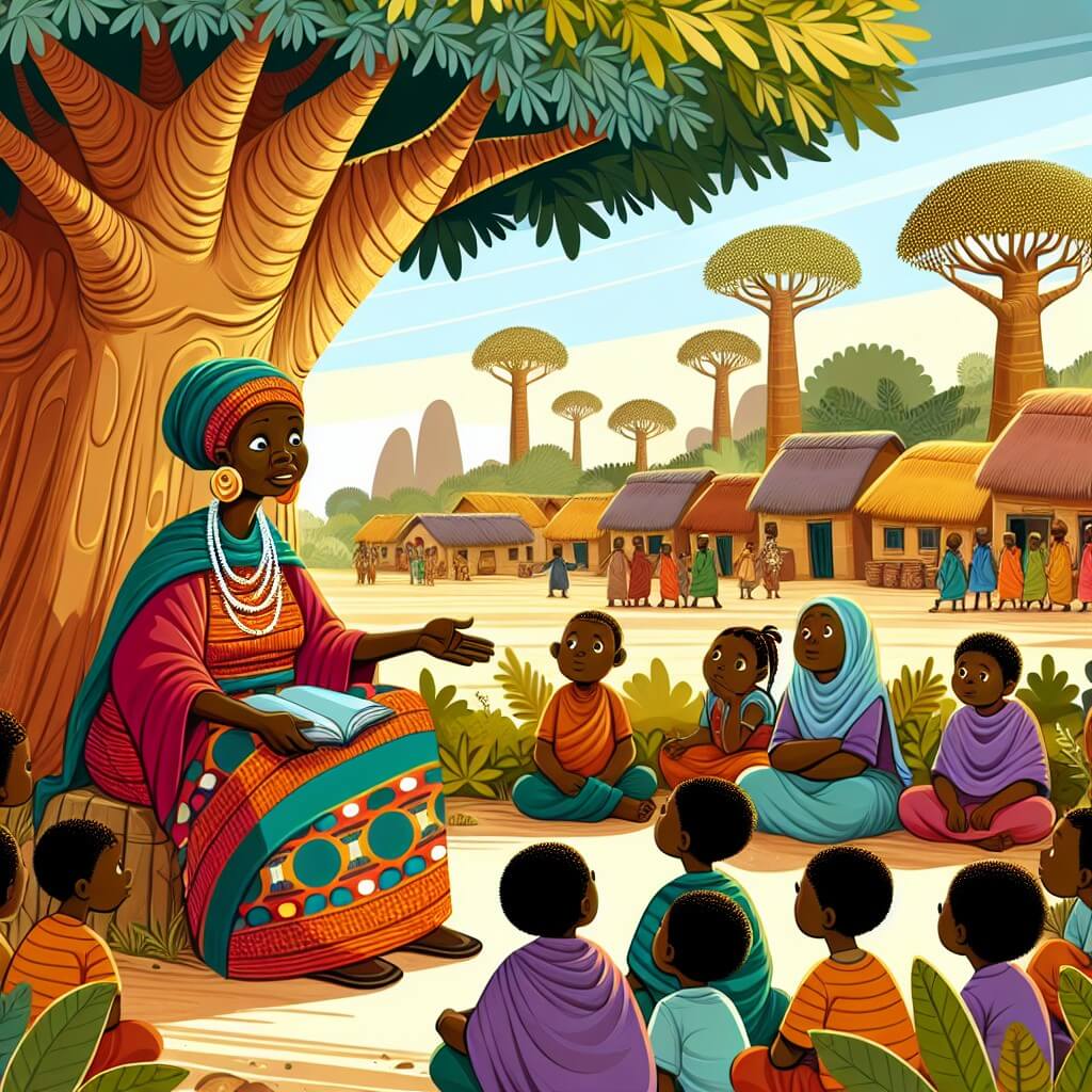 Une illustration destinée aux enfants représentant une femme sage et bienveillante, vêtue d'une robe aux couleurs chatoyantes, assise sous un grand baobab au cœur d'un village africain animé, écoutant attentivement les villageois venus la consulter pour résoudre un conflit.