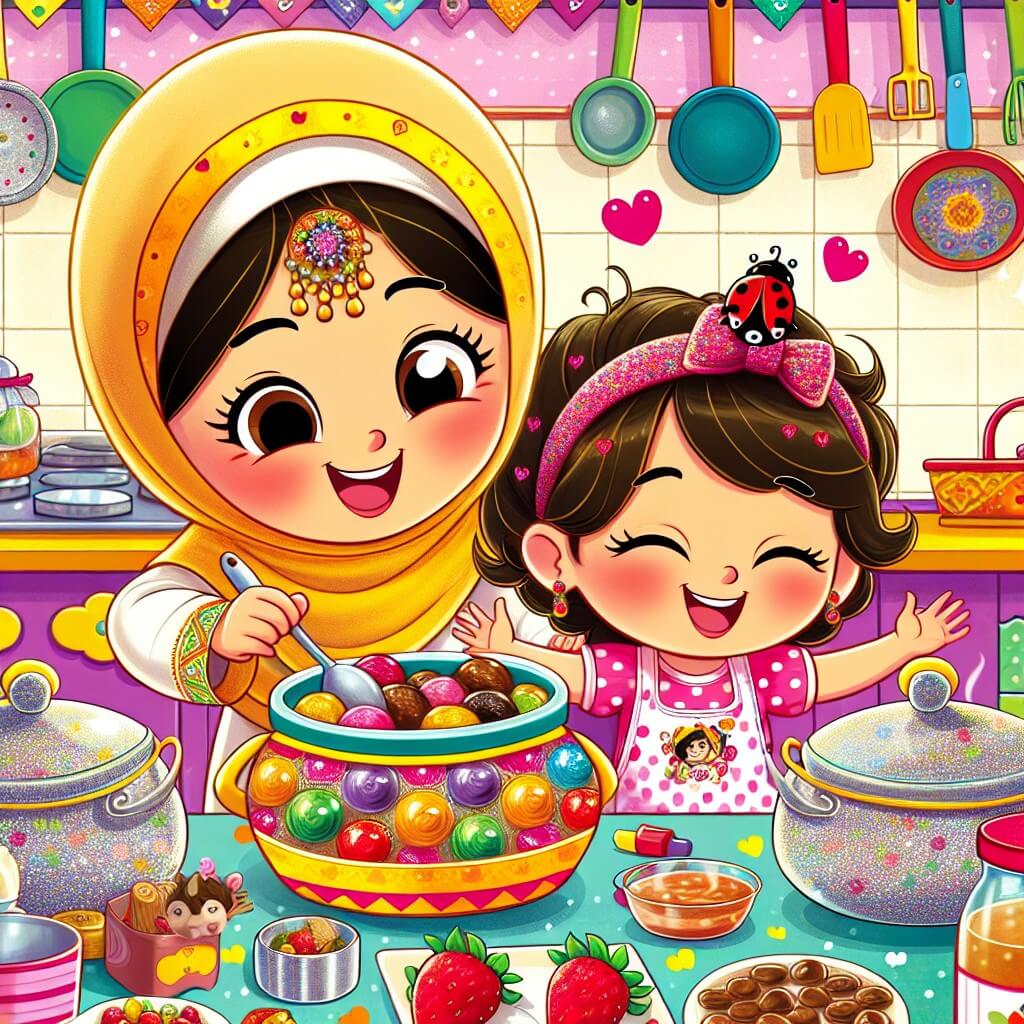 Une illustration destinée aux enfants représentant une petite fille pleine de vie et d'enthousiasme, préparant un délicieux petit déjeuner surprise pour sa maman chérie, avec l'aide d'une adorable coccinelle, dans une cuisine colorée remplie de chaudrons, de casseroles et d'ustensiles scintillants.