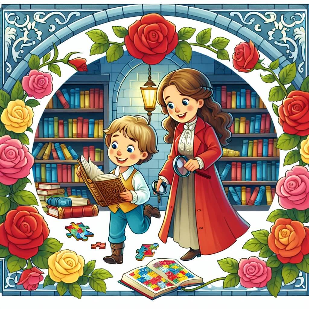 Une illustration destinée aux enfants représentant un petit garçon curieux et joyeux, accompagné de sa maman, découvrant une série de mystères et d'énigmes dans une bibliothèque enchantée, décorée de livres colorés et de roses rouges.