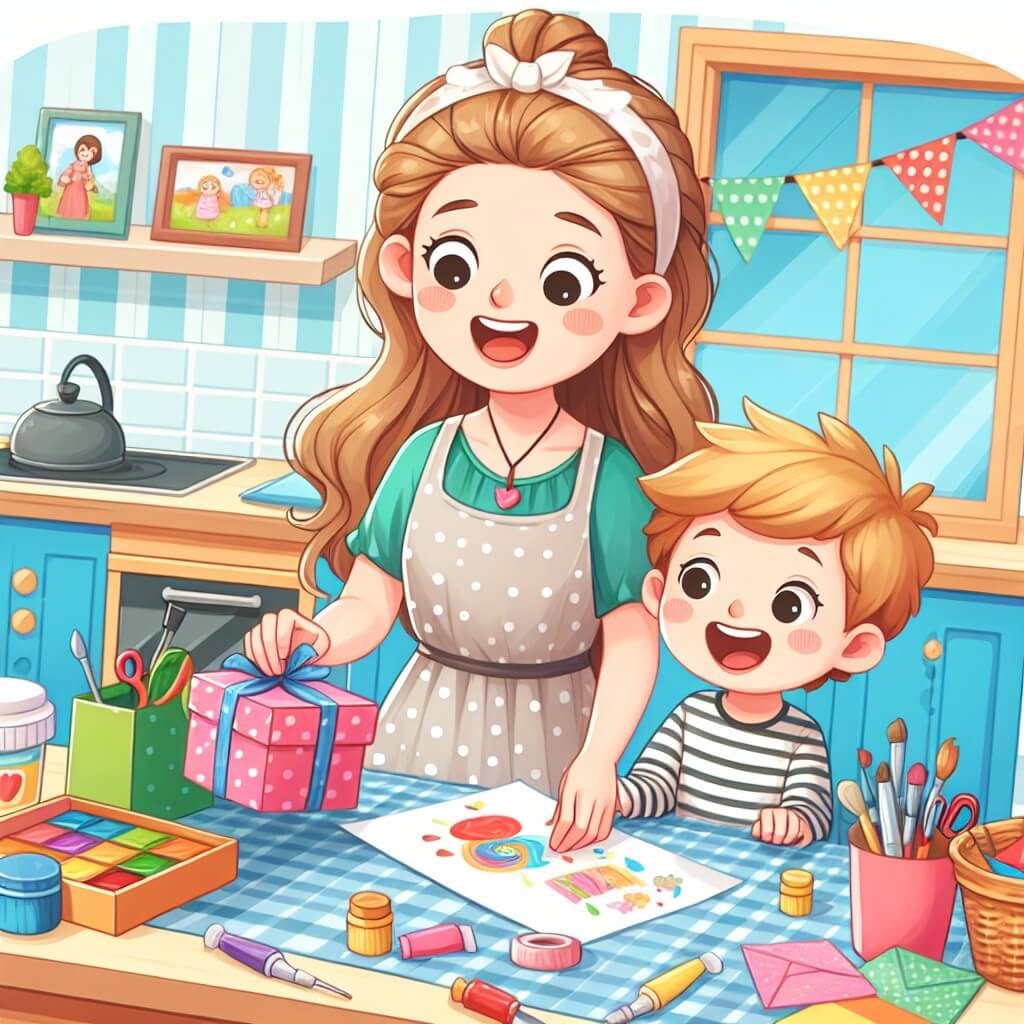 Une illustration destinée aux enfants représentant une petite fille pleine d'enthousiasme, préparant une surprise pour sa maman, avec l'aide de son petit frère, dans une cuisine colorée et lumineuse remplie de fournitures d'art et d'artisanat.